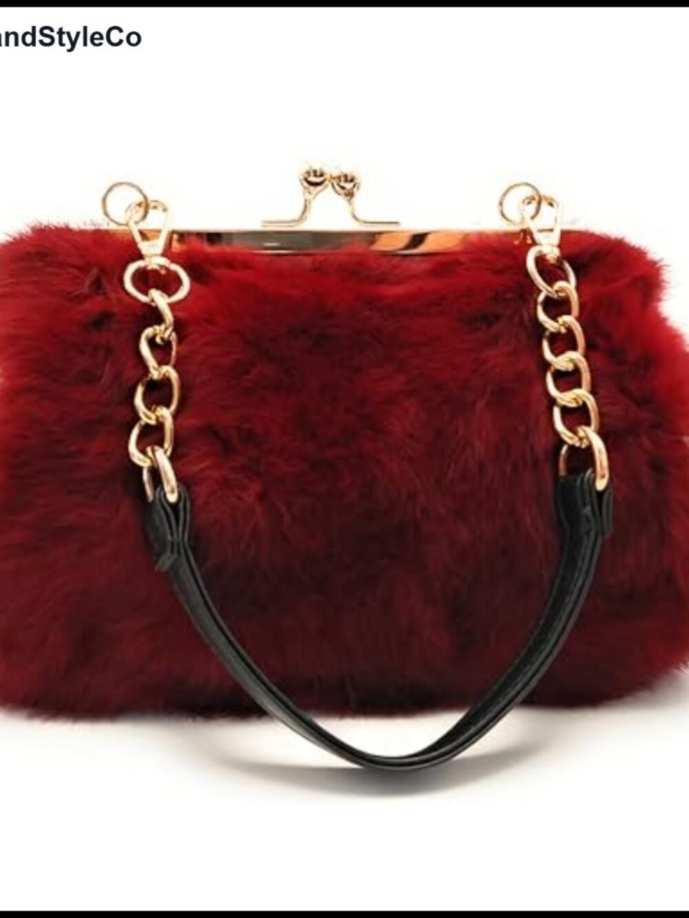 Genuine Rabbit Fur Kisslock Clutch Handbag with Chain & Handle